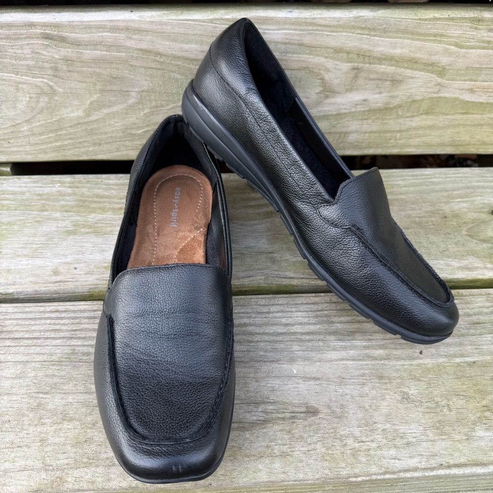 Easy Spirit Leather Loafer Black Dress Casual Slip On Pebbled Rubber Outsole 9.5